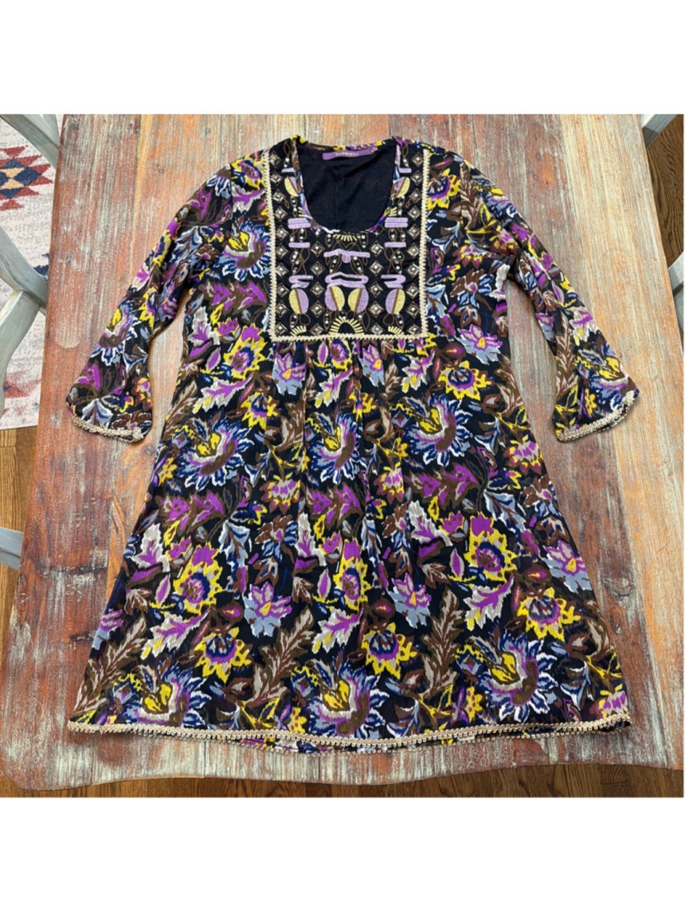 RAPSODIA Boho Embroidered Beaded Ikat Floral Mini Dress Tunic Sz Small Gold Trim